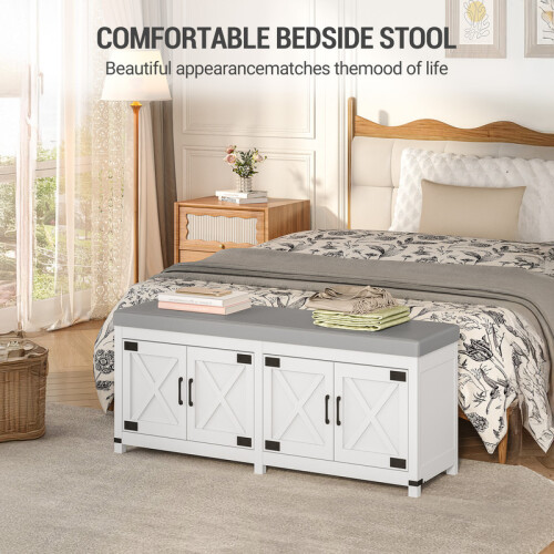 Shoe Storage Bench with 4 Barn Doors and Padded Seat, White 2