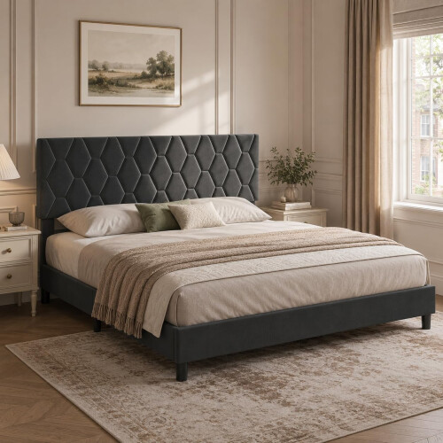 GarveeMore Upholstered Bed Frame, Adjustable Headboard, Dark Grey, King
