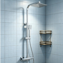 Bathroom Thermostatic Exposed Shower Mixer Twin Shower Head Square Bar Chrome.