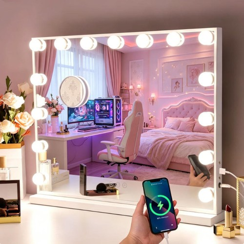 LED Hollywood Makeup Mirror Large Vanity Light Mirror 15 Dimmable LED Bulbs Gift