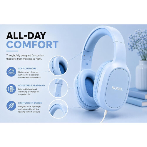 Roxel Roxel RX-90C USB-C Wired Headphones, Mic & Inline Control, 1.5m Cable,Blue 1