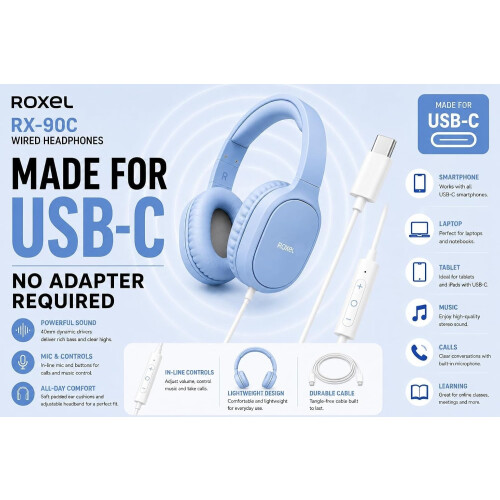 Roxel Roxel RX-90C USB-C Wired Headphones, Mic & Inline Control, 1.5m Cable,Blue 2