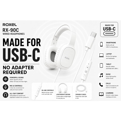 Roxel Roxel RX-90C USB-C Wired Over-Ear Headphones, Mic & Inline Controls, 1.5m Cable 1