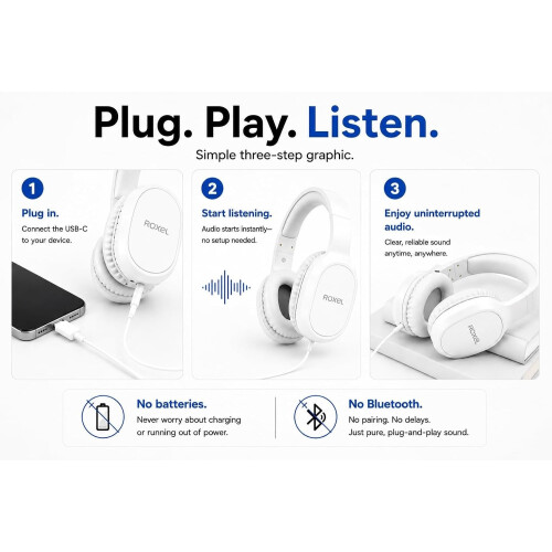Roxel Roxel RX-90C USB-C Wired Over-Ear Headphones, Mic & Inline Controls, 1.5m Cable 2