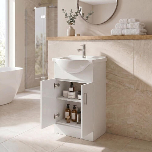 550mm Floorstanding Bathroom Vanity Unit & Basin Single Tap Hole White Gloss 1