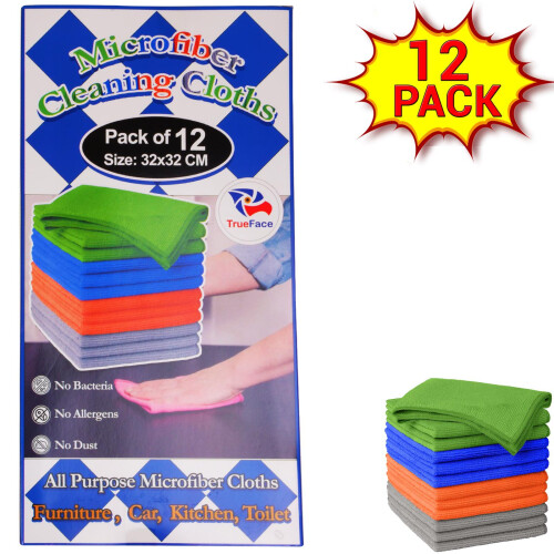 True Face (30cm x 30cm, Multicoloured -  12 Pack) Microfiber Cleaning Cloths 10/12 Pack Drying Towel 1