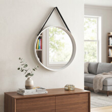 LARGE ROUND WALL MIRROR 52CM WHITE ROUND HANGING MIRROR WITH FAUX LEATHER STRAP HOME LIVING DECOR GIFT NEW