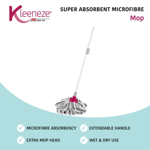 Kleeneze Microfibre Mop Floor Cleaner Super Absorbent Extendable Extra Mop Head 1