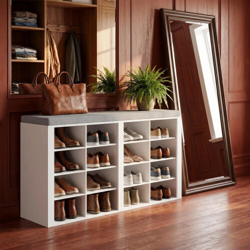 Shoe Storage Bench with Padded Seat, 16 Open Compartments 2