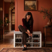 Shoe Storage Bench with Padded Seat, 9 Open Compartments