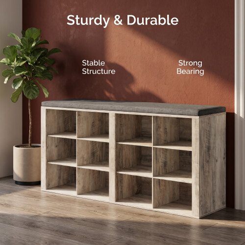 Shoe Storage Bench with Padded Seat, 12 Open Compartments 2