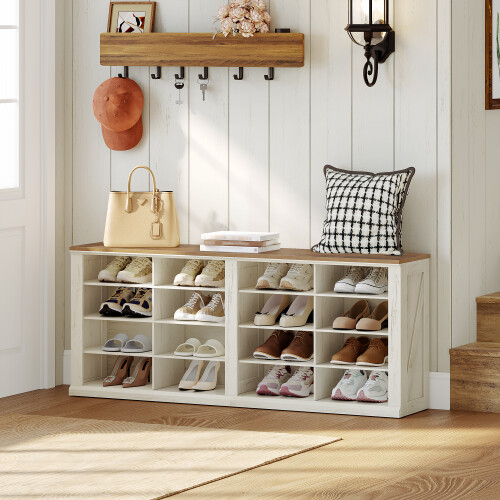 Shoe Storage Bench with 16 Compartments, White and Brown