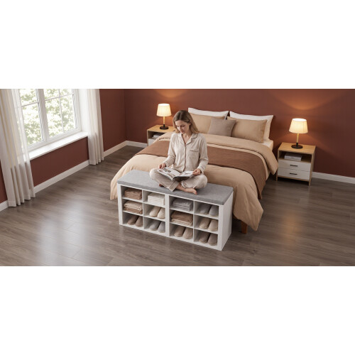 Shoe Storage Bench with Padded Seat, 12 Open Compartments 1