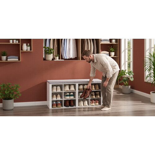 Shoe Storage Bench with Padded Seat, 12 Open Compartments 2