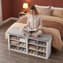 Shoe Storage Bench with Padded Seat, 12 Open Compartments