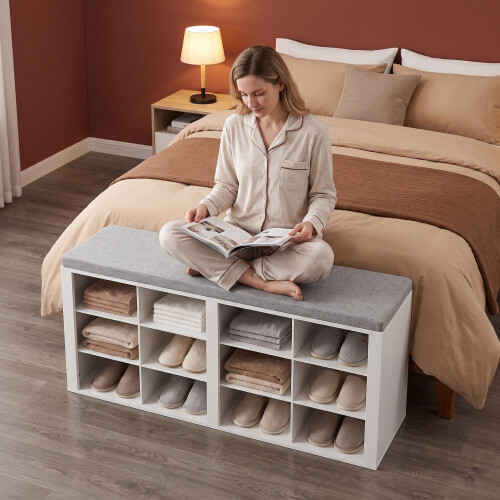 Shoe Storage Bench with Padded Seat, 12 Open Compartments