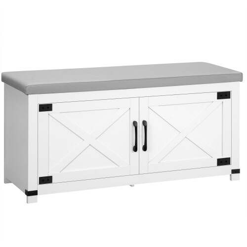 Shoe Storage Bench with 2 Barn Doors and Padded Seat, White 1