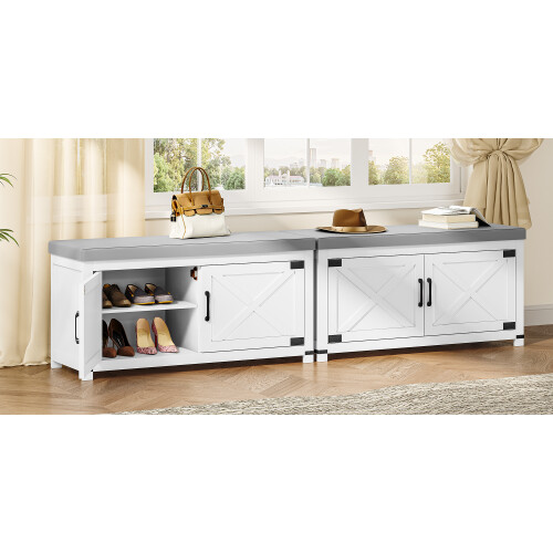 Shoe Storage Bench with 2 Barn Doors and Padded Seat, White 2
