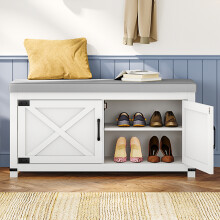 Shoe Storage Bench with 2 Barn Doors and Padded Seat, White