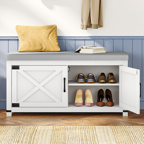 Shoe Storage Bench with 2 Barn Doors and Padded Seat, White