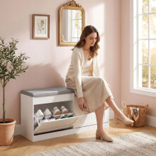 Shoe Storage Bench with 2 Flip Drawers and Seat Cushion