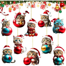 10 enfeites de gato para árvore de Natal, decorações de acrílico para árvore.