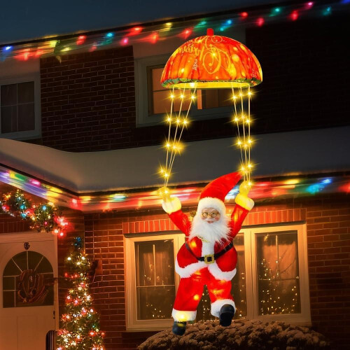 Weihnachtsmann Lichterkette Fallschirm 70 LED Warmweiß Timer