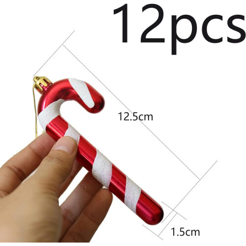 12 enfeites de árvore de Natal, bengalas doces, decorações vermelhas e brancas. 1