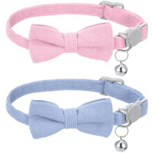 2 Stück weiche Cord-Katzenhalsbänder für kleine Katzen mit Glocke und Schleife, verstellbar, Schnellverschluss Sicherheit (Rosa und Hellblau)