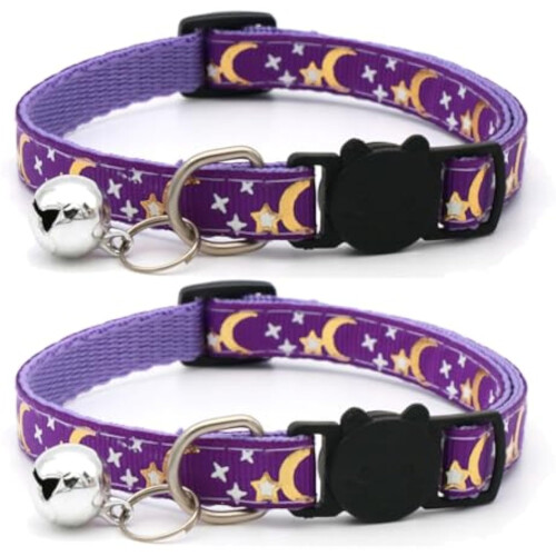 2 Pack Safety Cat Collars Quick Release with Bell & Reflective Cat Collars with Bells (Purple)