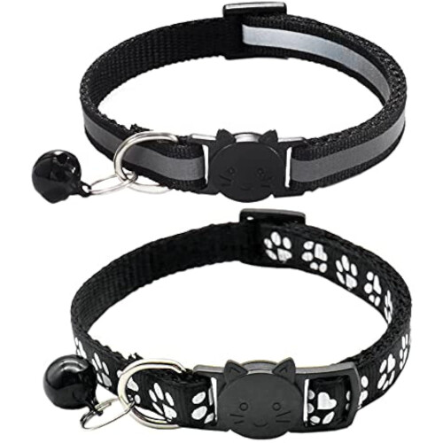 2Pack Cat Collars Quick Release Reflective Kitten Collar with Bell & Safety Release (Black)
