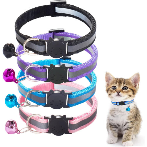 4 Pack Cat Collar Safety Release, Adjustable Kitten Collars with Bell, Reflective & Quick Release