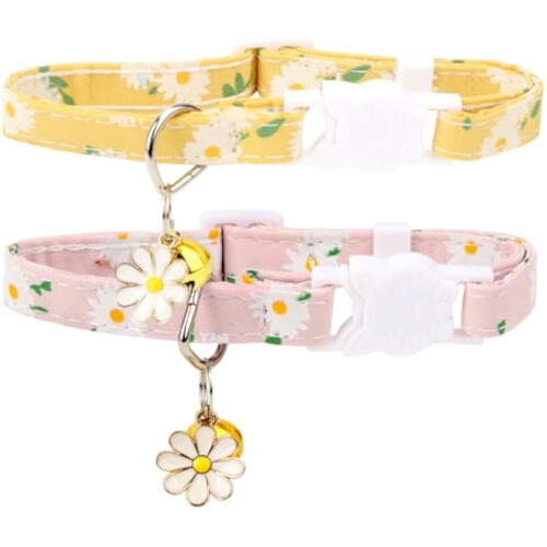 2PCS Cat Collar with Bell Quick Release Breakaway Reflective Kitten Collars Adjustable 18-28cm Daisy Pattern(Pink+Yellow)