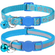 Katzenhalsband mit Glocke und Sicherheits-Schnellverschluss, 2er-Pack reflektierende Kätzchen-Halsbänder, verstellbar 19-32 cm, Himmelblau