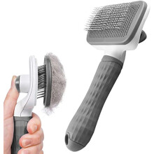 Peine de aseo para perros y gatos, cepillo slicker auto-limpiante con mango liso y botón para deslanado, masaje y limpieza del pelo enredado