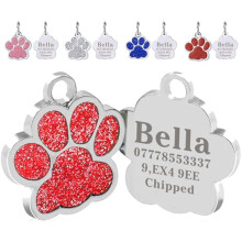 Personlige ID-brikker til Hund og Katt, Graverte UK Kjæledyr ID-brikker, Glitter Poteavtrykk Rustfritt Stål ID-brikke, 4 Farger 25mm (Rød)
