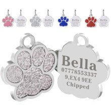 Personlige ID-brikker til Hund og Katt, Graverte UK Kjæledyr ID-brikker, Glitter Poteavtrykk Rustfritt Stål ID-brikke, 4 Farger 25mm (Sølv)