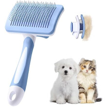 Cepillo para perros y gatos autolimpiante, cepillo para mascotas, elimina los nudos de subpelo apelmazado-Azul
