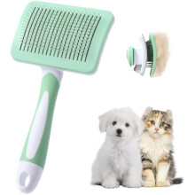 Cepillo para perro y gato, cepillo slicker autolimpiante, elimina el subpelo, de pelo corto a largo, cepillo suave apto para gatos, Verde