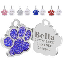 Personlige ID-brikker til Hund og Katt, Graverte UK Kjæledyr ID-brikker, Glitter Poteavtrykk Rustfritt Stål ID-brikke, 4 Farger 25mm (Blå)