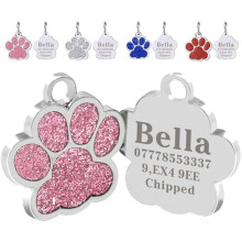Personlige ID-brikker til Hund og Katt, Graverte UK Kjæledyr ID-brikker, Glitter Poteavtrykk Rustfritt Stål ID-brikke, 4 Farger 25mm (Rosa)