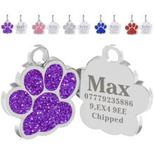 Personlige ID-brikker til Hund og Katt, Graverte UK Kjæledyr ID-brikker, Glitter Poteavtrykk Rustfritt Stål for Kattunger og Valper (Pote-Lilla)