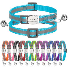 Personalisiertes reflektierendes Katzenhalsband mit Namensschild, Schnellverschluss und Glocke, verstellbares Nylon (19-30cm, Hellblau Streifen)