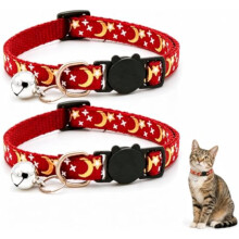 Reflektierend verstellbares Katzenhalsband mit Glocke, Mond- und Sternenmuster, Sicherheitsschnalle, niedlich für Katzen und Kätzchen (2 Packung)