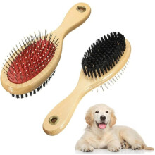 Escova para cão de madeira de dois lados - Higiene do pelo com pino e cerdas macias para cães e gatos de pelo longo ou curto - Vermelho