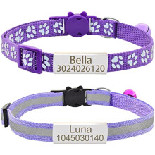 Personalizované reflexné obojky pre mačky, sada 2, obojky s rýchloupínacou sponou s menovkou a zvončekom (Fialová, sedí 8"-11.0")