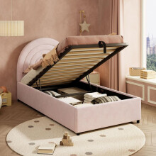 Verkleden kinderbed 90x200 cm van velours met lattenbodem en opbergruimte - Roze
