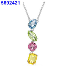 (Three-color candy tassel necklace) Women Silver Swan Pendant Necklace, Blue Teardrop Crystal Rhinestone Elegant Jewelry