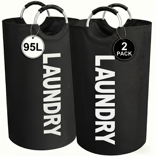 (2 pieces - black) Large Foldable Laundry Hamper with Support Frame and Soft Ring Handle for Bedroom Dormitory Bathroom Storage