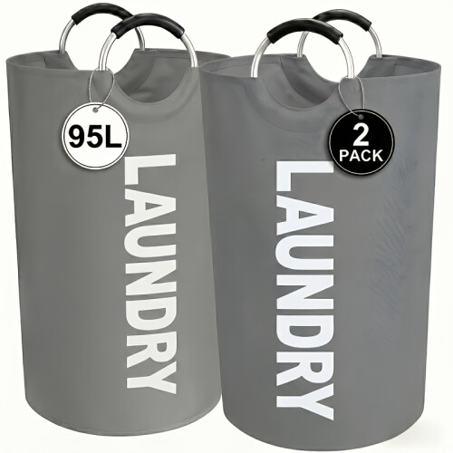 (2pcs-gray) Large Foldable Laundry Hamper with Support Frame and Soft Ring Handle for Bedroom Dormitory Bathroom Storage